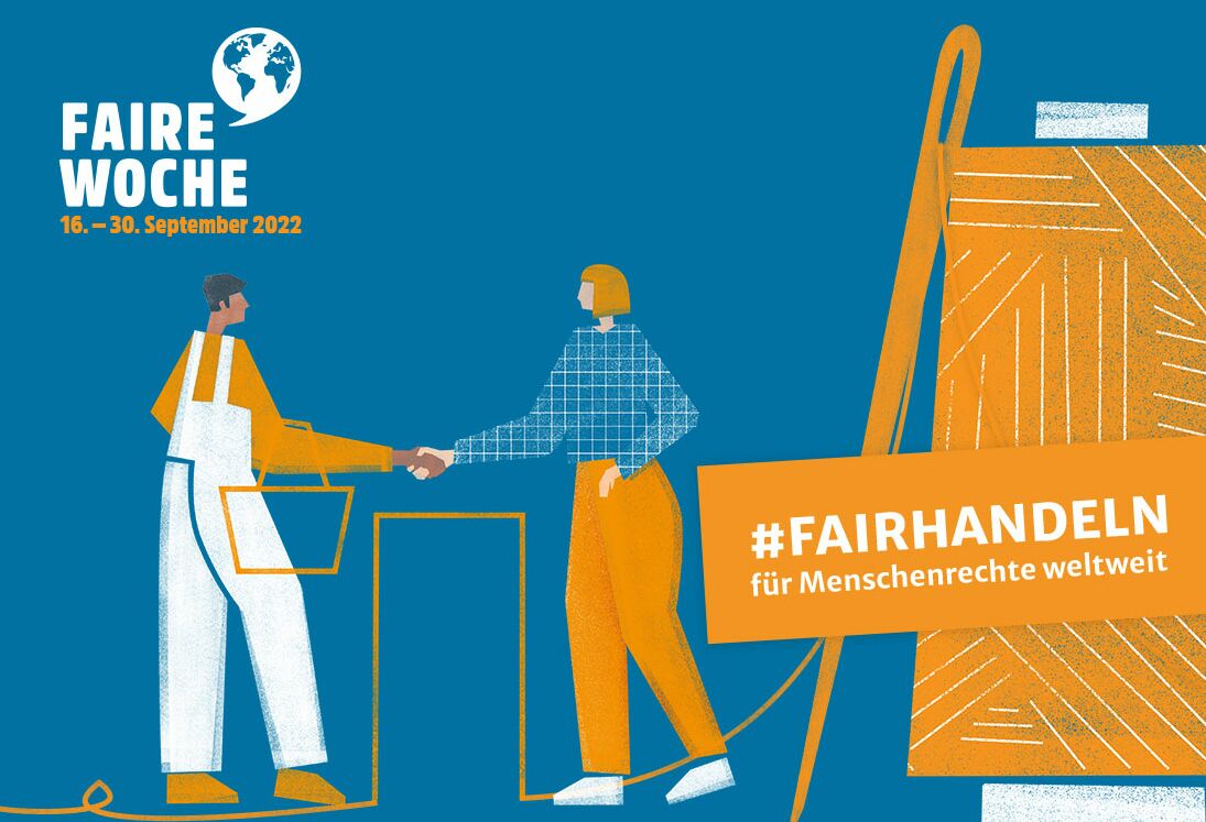 Faire Woche 2022 - Zwei Menschen geben sich die Hände unter dem #fairhandeln für Menschenrechte weltweit