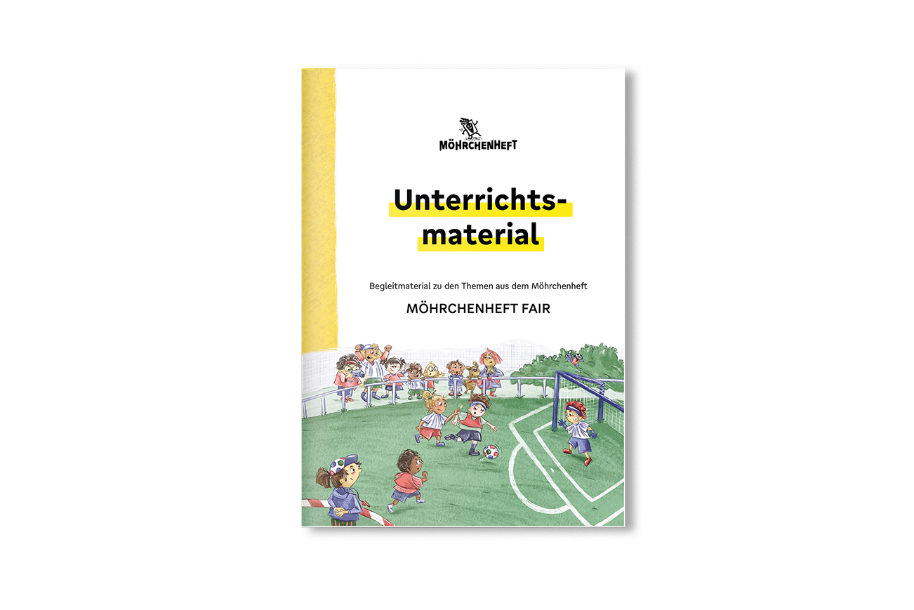 Das Cover zeigt eine Illustration eines Fußballfelds mit Kindern, es steht der Schriftzug "Unterrichtsmaterial"
